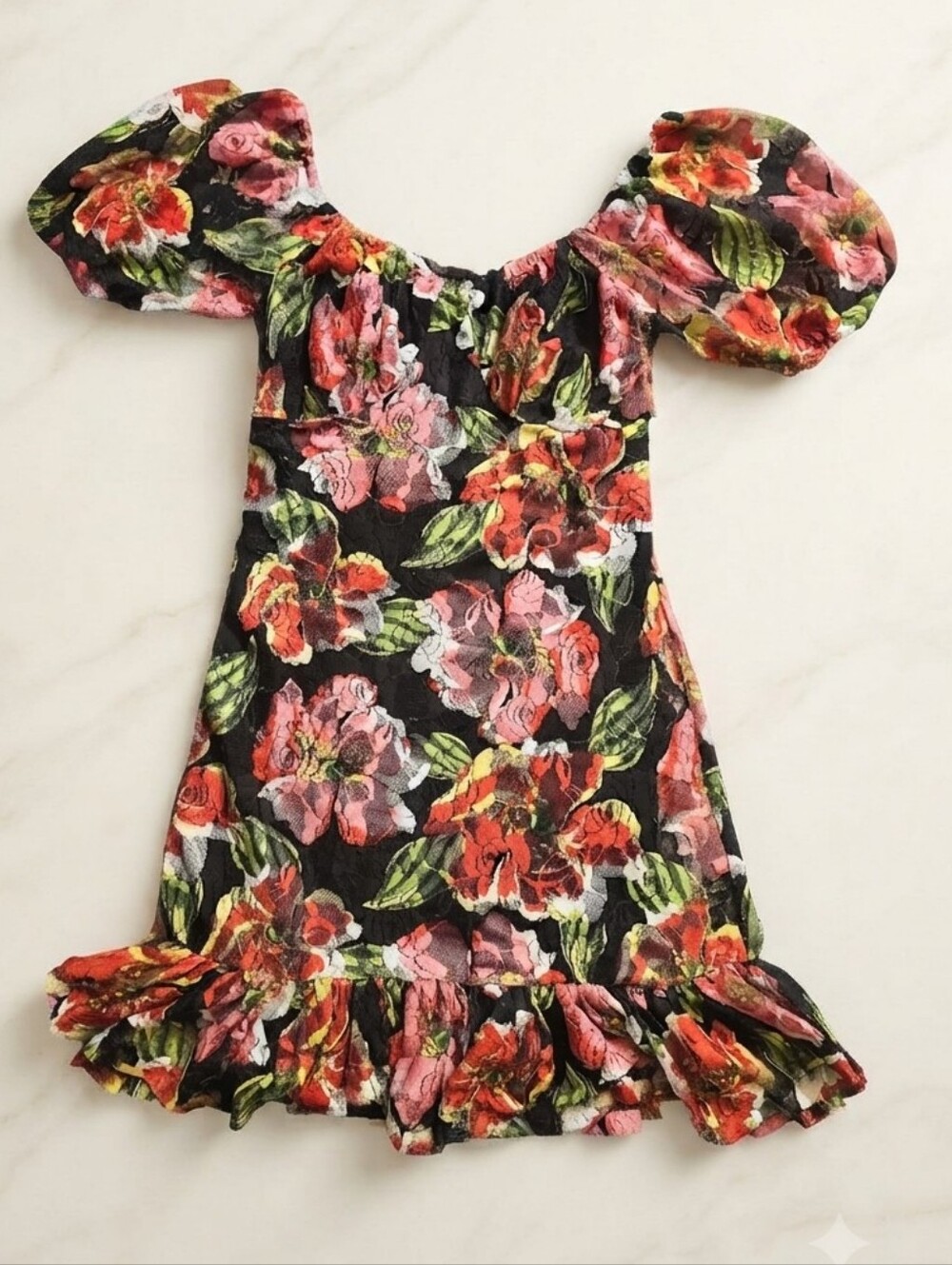 Betsey Johnson Black Floral Puff-Sleeve Ruffle Dress